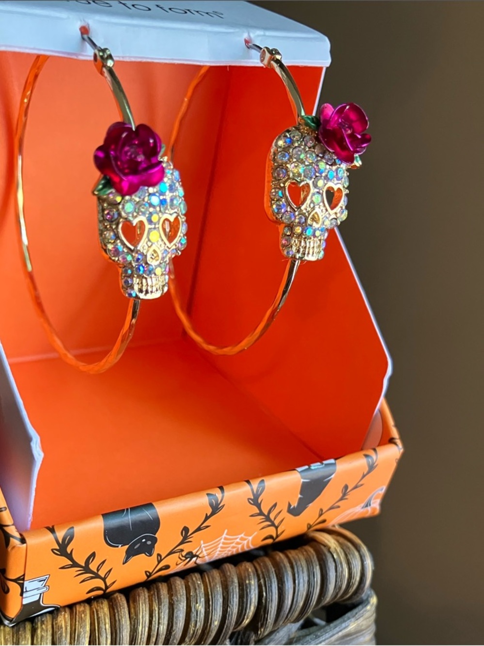 Gold-Tone Skull Hoop Earrings W/Rose Accents, Perfect for this time&FREE GIFTS!